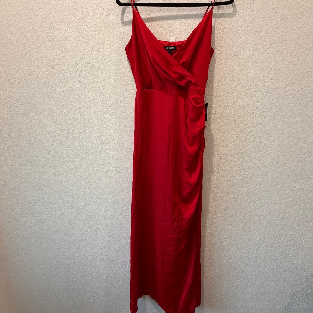 Express Red Satin Maxi Dress Womens Small NWT Wrap V-Neck Spaghetti Strap Formal